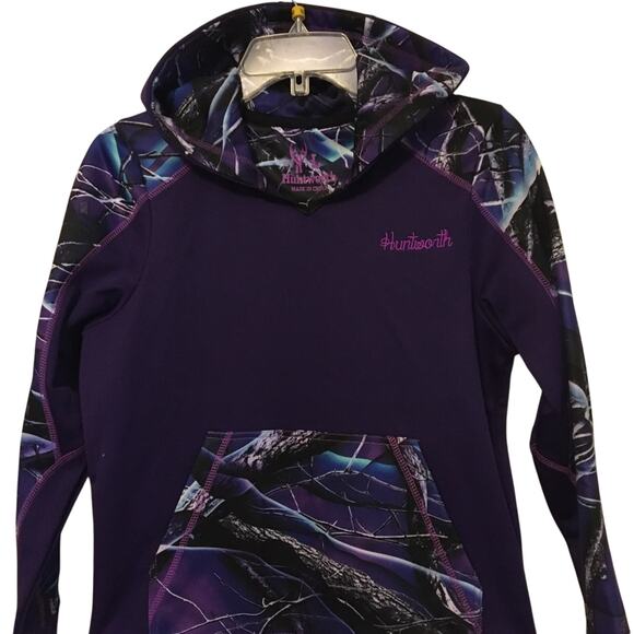 Huntworth, Large Girls Pull On Purple Camo Hoodie Sweatshirt Kangaroo Pockets - Picture 1 of 3